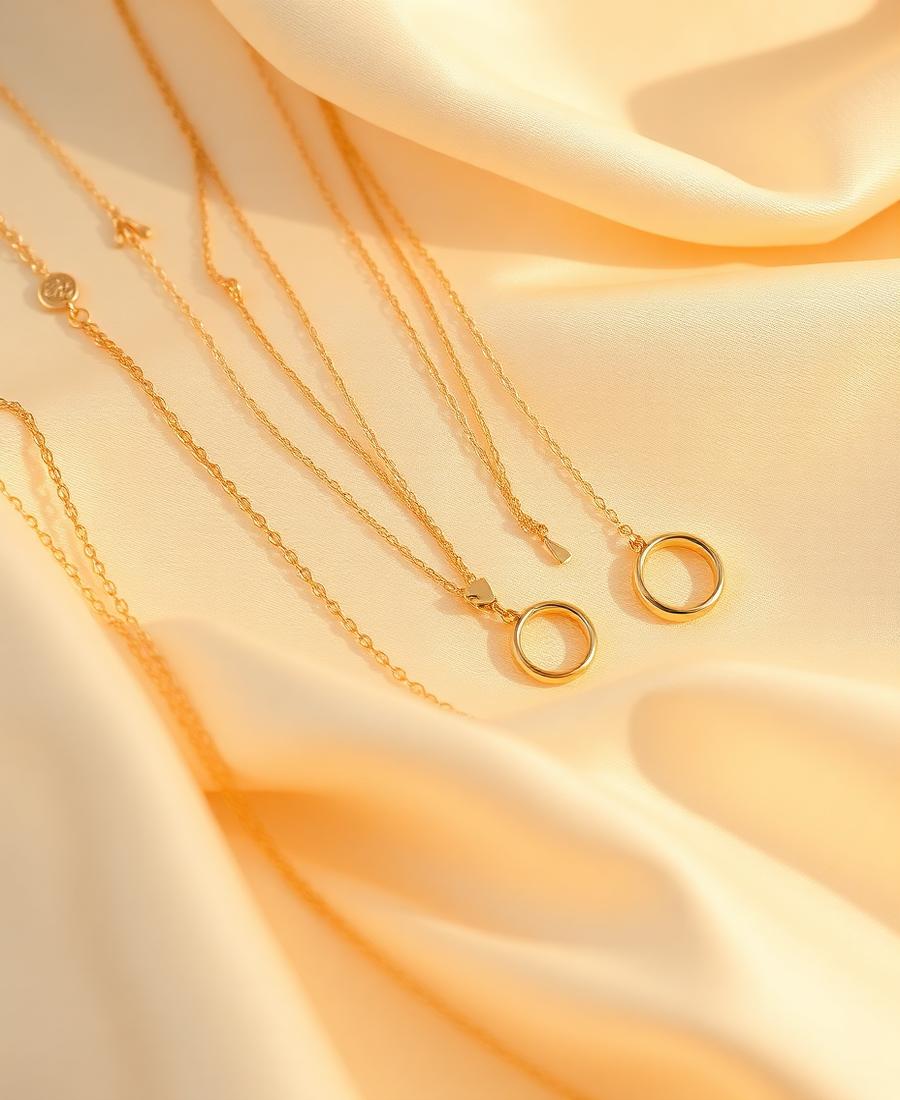 Correntes e pingentes folheados a ouro 18K sobre seda cor de creme