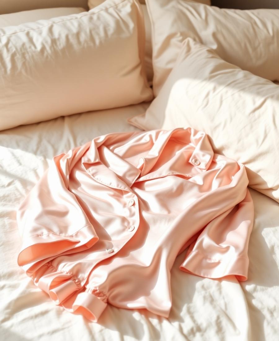 Pijama de cetim rosé dobrado sobre cama com roupa de cama creme