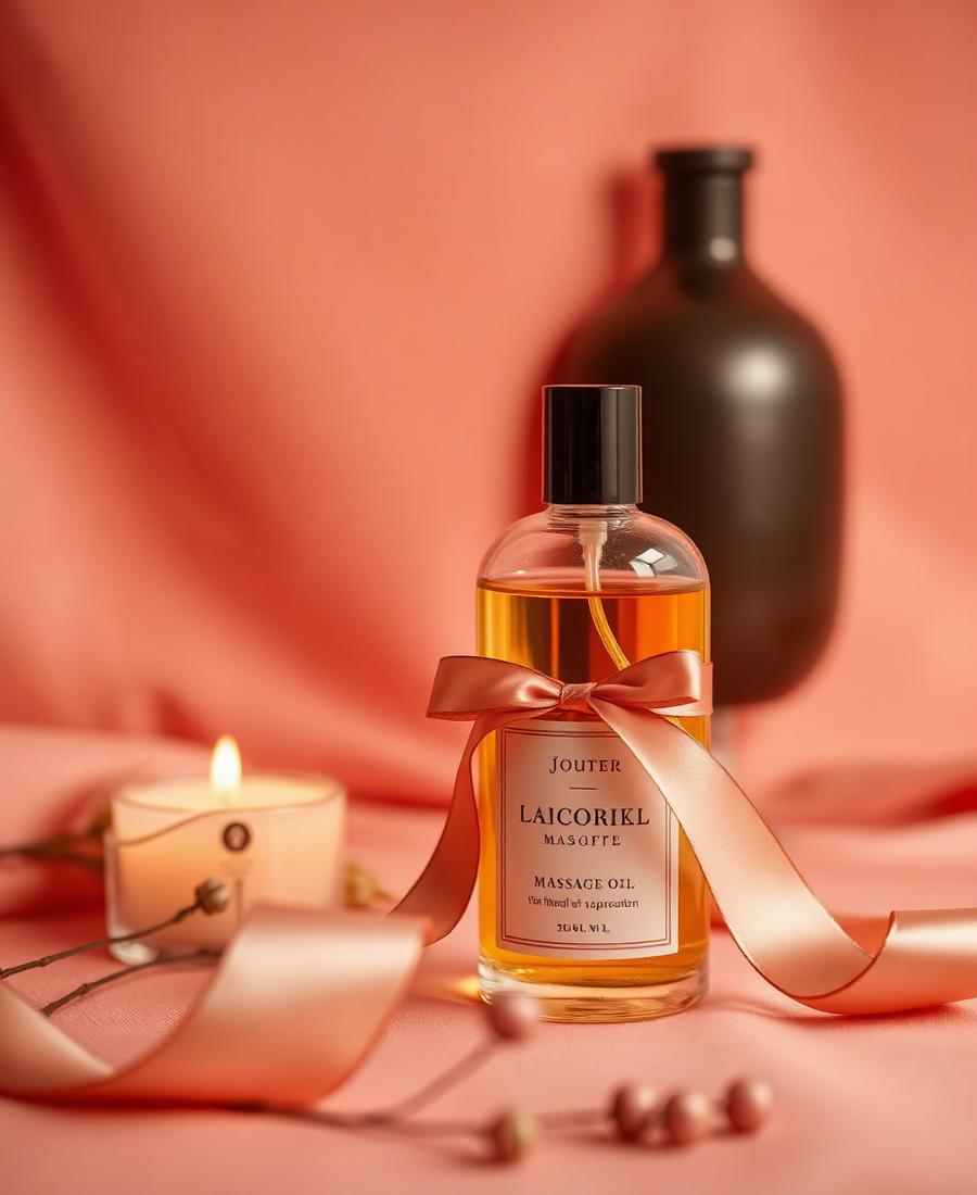 Óleo de massagem com fita de cetim e vela em composição sensual e discreta
