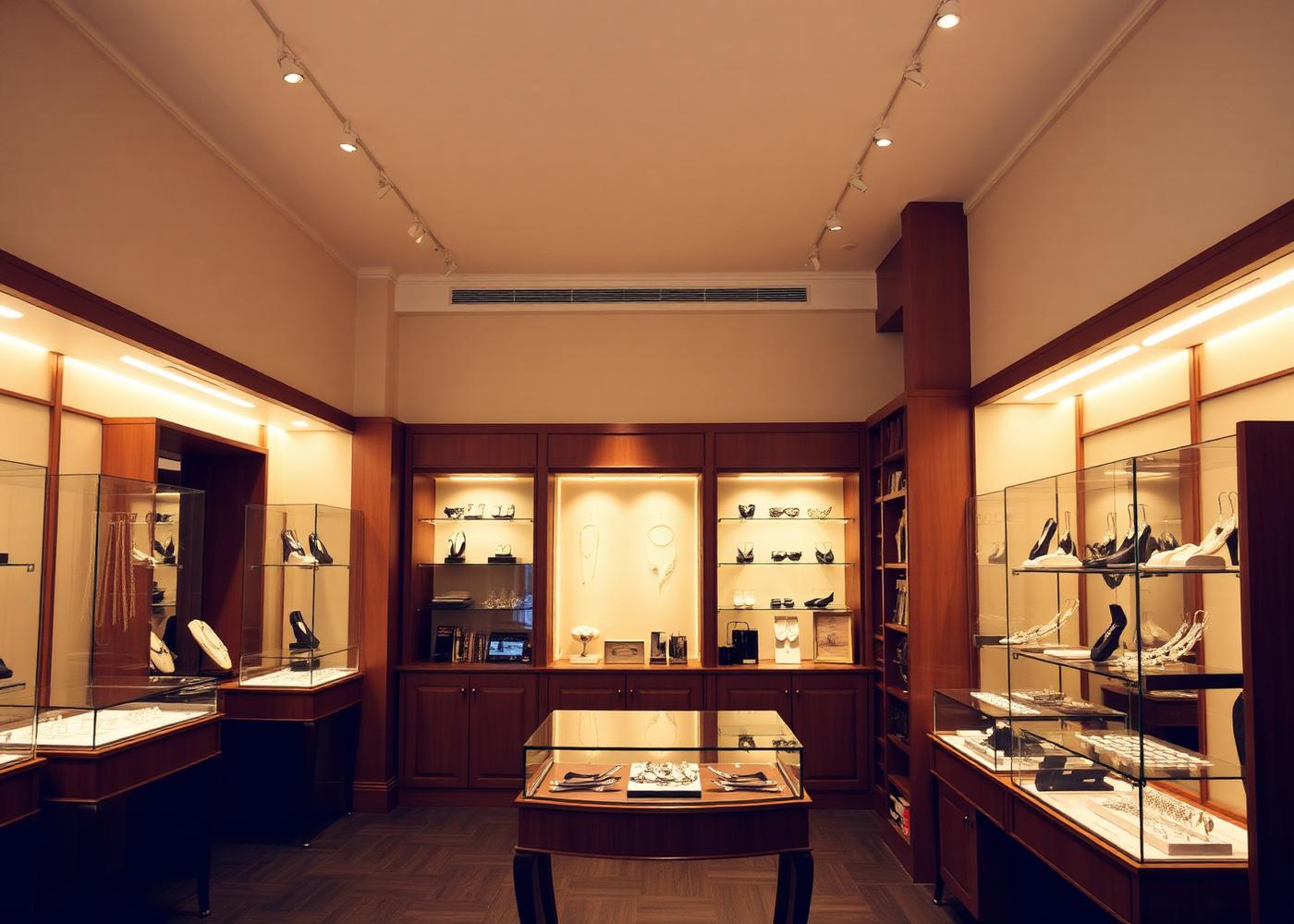 Interior da loja Mitto's em Farroupilha, com vitrines iluminadas de joias